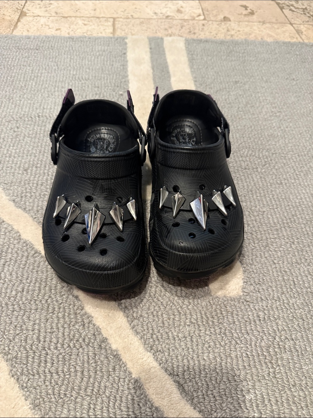 CROCS Kids Black Panther Clog Sandals with Silver Spike Accents